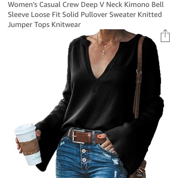 Hzsonne Sweaters - Black Deep V Neck Sweater With Bell Sleeves